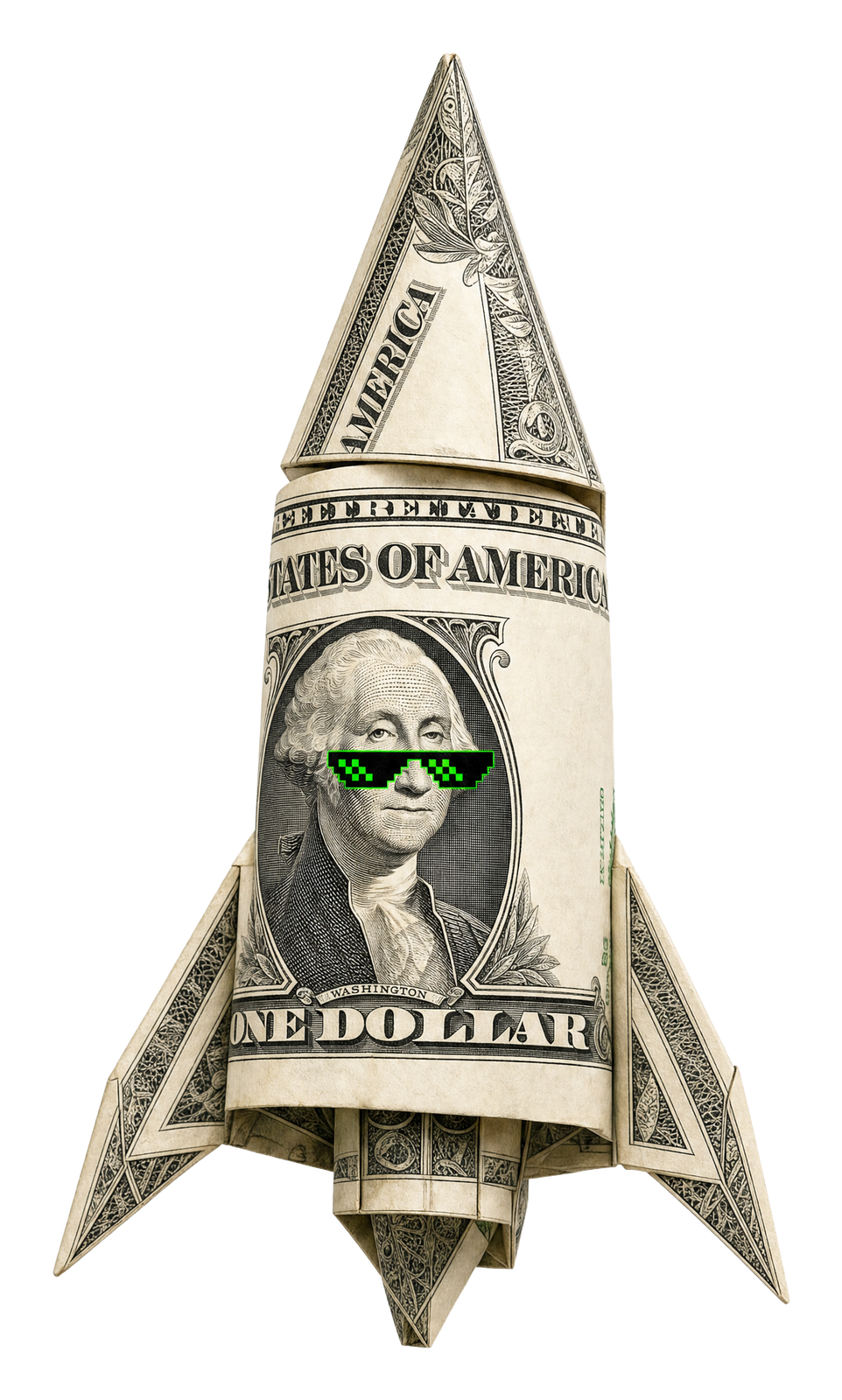 Origami rocket folded from a one dollar bill